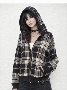 Black and White Knit Cotton Sweater Zip Hoodie